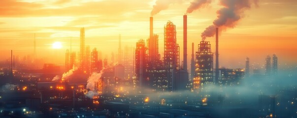 Fototapeta premium Barriers rising between large factory complexes representing different nations, symbolizing trade wars