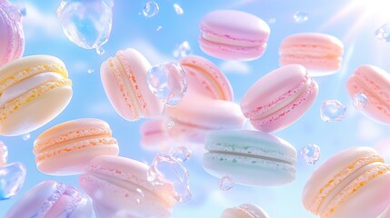 Obraz premium Floating pastel macarons amidst sparkling water droplets under a bright blue sky during daylight