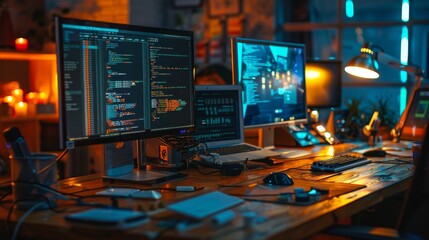 Cozy workspace with multiple monitors and coding screens