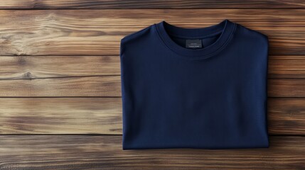dark blue plank t-shirt against wooden background. t-shirt template