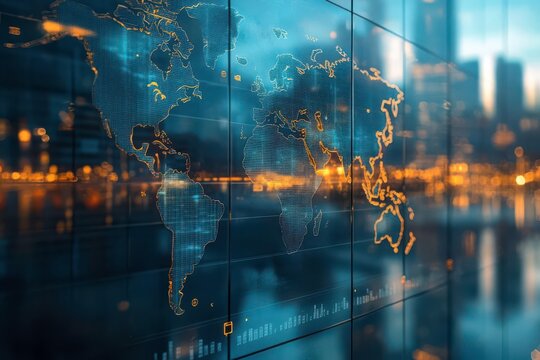 An economic world map with certain countries locked behind glass walls labeled protectionism