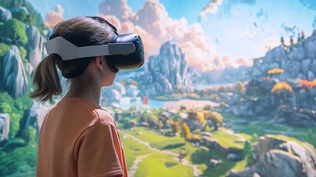 A person is using VR goggles in a virtual world filled with 3D landscapes and interactive elements, demonstrating the advancements in virtual reality technology.