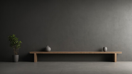 wooden bench and Dark black grungy wall background. interior design