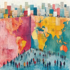 Fototapeta premium Colorful global marketplace being overshadowed by large concrete barriers representing trade disputes