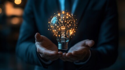 Businessman with illuminated AI lightbulb, representing the impact of AI on future tech