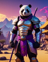 Fototapeta premium Panda warrior in armor with staff against mountain backdrop at sunset