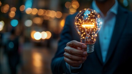 Businessman with illuminated AI lightbulb, representing the impact of AI on future tech