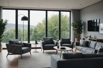 Fototapeta premium interior of modern living room with grey sofas, armchair and coffee table