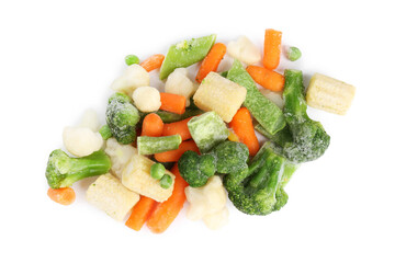 Mix of different frozen vegetables isolated on white, top view