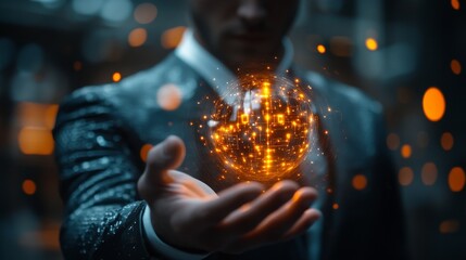 Businessman with illuminated AI lightbulb, representing the impact of AI on future tech