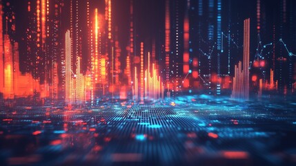 Red and blue abstract data streams on a digital landscape