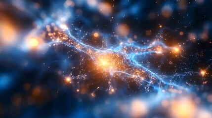 Obraz premium A blue and orange galaxy with many stars and a bright yellow star. The galaxy is full of light and energy