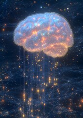 A brain with a stream of light coming out of it. The brain is surrounded by stars and the sky is dark