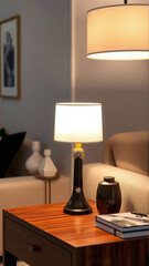 Cozy living room with stylish lamps and a wooden table at night