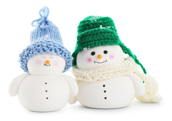 Two cute decorative snowmen isolated on white