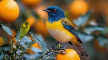 Fototapeta premium Brightly colored bird perched on a citrus tree branch with ripe oranges in a sunny garden setting