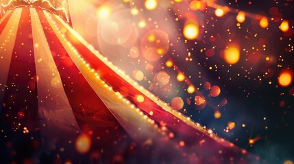 horizontal banner, abstract background, red striped circus dome outside, children's amusement park, luminous garlands, glitter and radiance, bokeh effect, copy space, free space for text