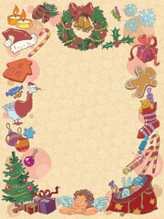 Fototapeta premium New Year Christmas frame. Guest card for the coming Christmas. Holiday atmosphere in stores.