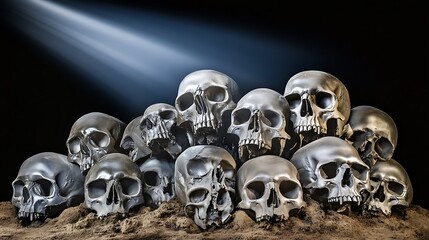 A haunting image of a collection of weathered animal skulls resting on the dirt, illuminated by a beam of light creating a stark and chilling contrast.
