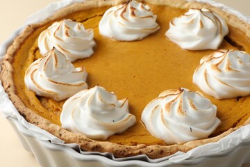 Tasty homemade pumpkin pie in baking dish on beige table, closeup