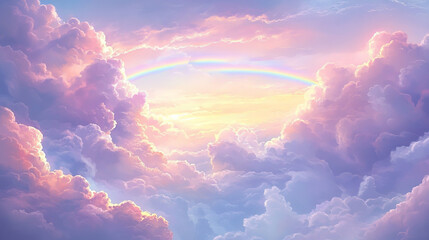 Soft pastel-colored clouds and a rainbow grace the sunset sky, creating a serene and joyful landscape that brings a sense of calm, happiness, and peace.