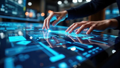 Hands Interacting with Futuristic Touchscreen Interface