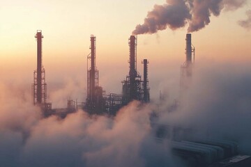 Obraz premium Dawn breaks over a sprawling industrial complex surrounded by rising smoke. Generative AI