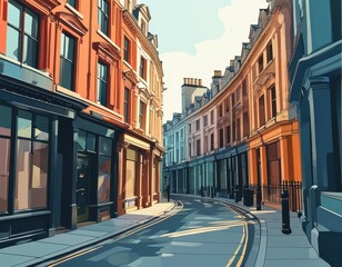 Obraz premium Vibrant urban street scene with colorful buildings and curved road.