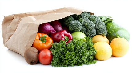 A studio shot of a paper bag filled with fresh fruits and vegetables, isolated against a white background. The bag overflows with vibrant produce, including items like apples, bananas, tomatoes
