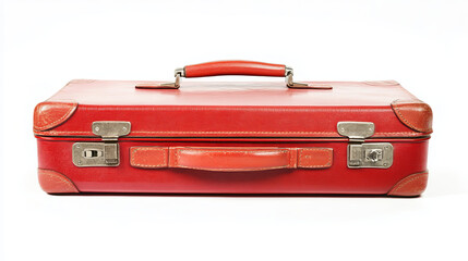 A red travel suitcase set against a white background, isolated to highlight its details. The suitcase has a sleek design, ideal for use in travel or luggage branding visuals.