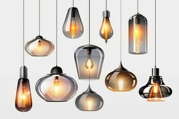 Set of different modern hanging lamps on white background. Banner design