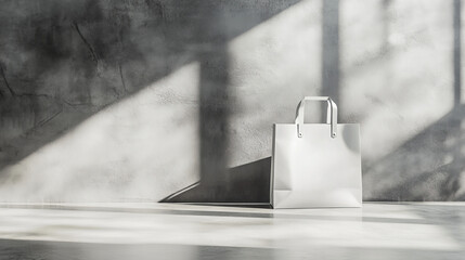 A mockup of a white paper shopping bag placed against a gray background wall. The bag is clean and minimalistic, ideal for showcasing branding or design elements on its smooth surface.