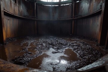 A deep view into an industrial tank filled with sludge in a dimly lit facility. Generative AI