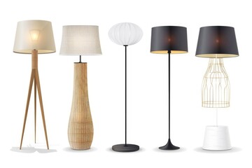 Set with different stylish floor lamps on white background. Banner design