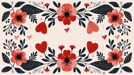Symmetrical floral pattern with hearts and leaves 2D illustration, ai generated