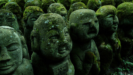 Ancient, old, mossy Buddha statues - closeup