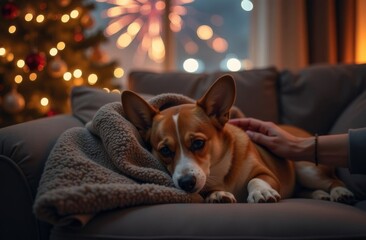 Corgi dog is very afraid of fireworks. He is shaking with fear and crying. The owner is trying to calm the pet. Please do not throw firecrackers