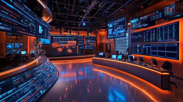 A financial news studio with digital screens displaying stock market data