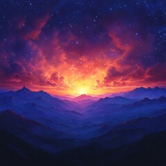 Dusk Over Majestic Mountain Landscape Vibrant Sunset Painting Sky Beautiful picture