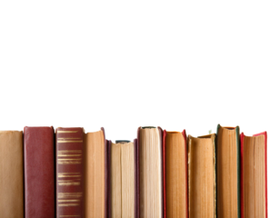 Book spines in a row at the bottom of the picture isolated on a white background, cut out 