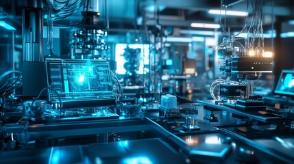 A quantum computing lab with futuristic computers, cables and cooling systems, demonstrating the complex and revolutionary potential of quantum technology to solve advanced problems.