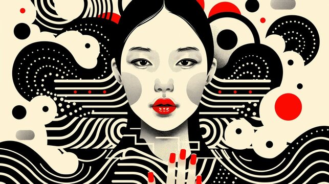 Abstract portrait asian woman with wavy lines and dotted patterns 2D illustration, ai generated - Powered by Adobe