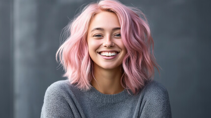 Fototapeta premium Portrait of a young woman with pink hair smiling against a gray background, wearing a gray sweater, showcasing vibrant hair color and cheerful expression.