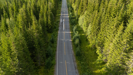 Aerial over a winding forest road in Norway, during sunset, drone shot.