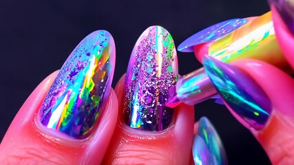 Close-up video of iridescent nail art application with water droplets