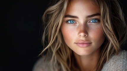 Young woman with striking blue eyes and natural makeup poses against a dark background in soft light
