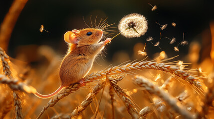 Obraz premium Harvest mouse reaching for dandelion seeds in wheat field at sunset