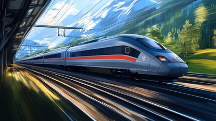 Fototapeta premium Illustration of a rail transport system showing a modern high-speed train running along the tracks, demonstrating the efficiency and speed of passenger and freight train services.