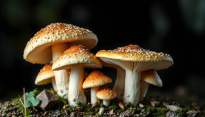 Fototapeta premium Psychedelic Magic Mushrooms of the genus Psilocybe Cubensis for treatment of mental health problems like PTSD, depression and anxiety isolated with white highlights, png
