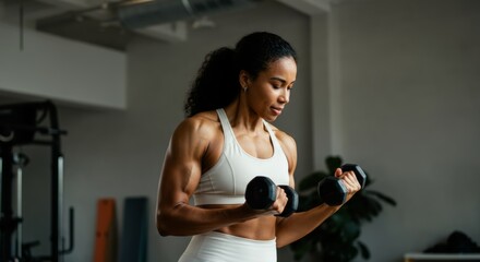 Fototapeta premium Athletic woman in gym lifting dumbbells for strength training workout.